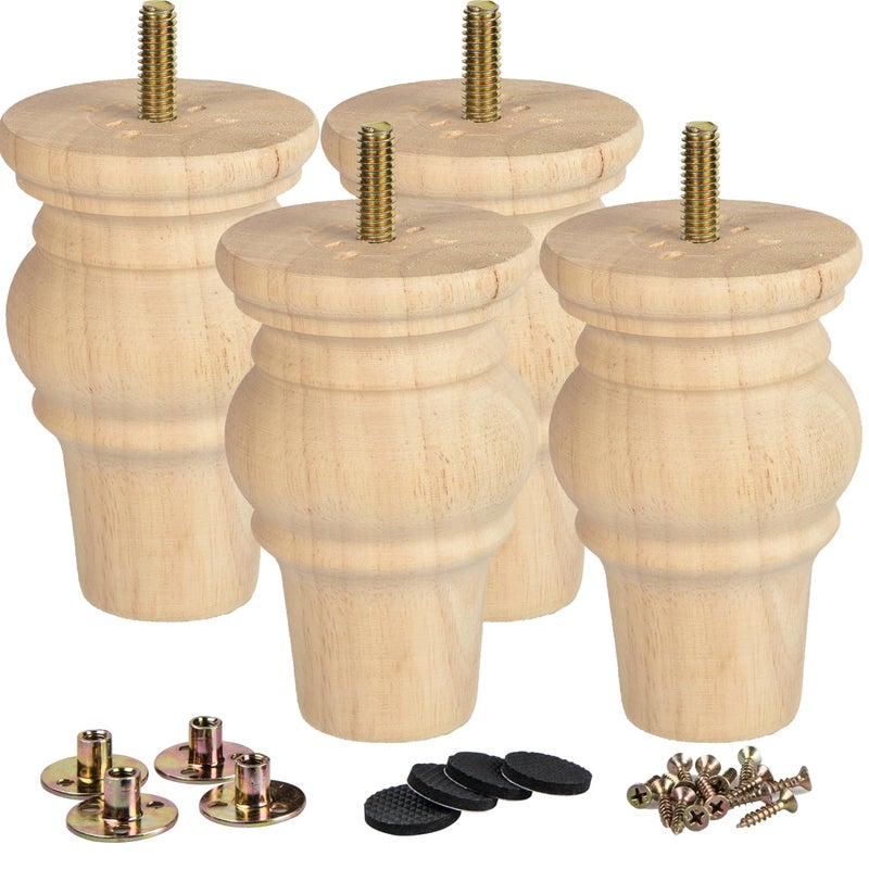 La Vane 4 inch / 10cm Unfinished Wooden Furniture Legs, 4PCS Soild Wood Turned Spindle Replacement Bun Feet with Pre-Drilled M8 Inch Bolt & Mounting Plate for Sofa Couch Chair Ottoman - Image 1
